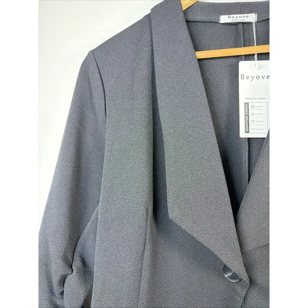 Beyove black blazer large jacket 3/4 gathered sleeve suit stretchy bohemian NWT - Picture 4 of 11